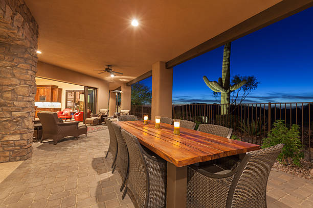 Luxury desert home patio with dining table after sunset.